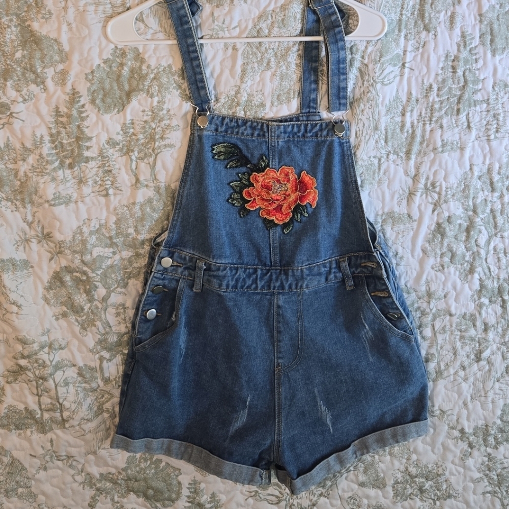 SHEIN Blue Denim Overalls with Floral Embroidery